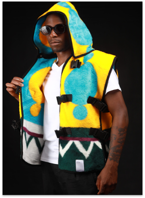 Idzila Vest worn with the hood up