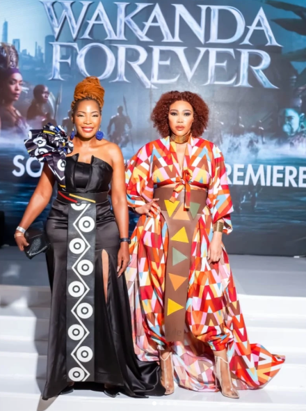 Two guests in Zyle pieces at the Wakanda Forever premiere carpet, 2022.